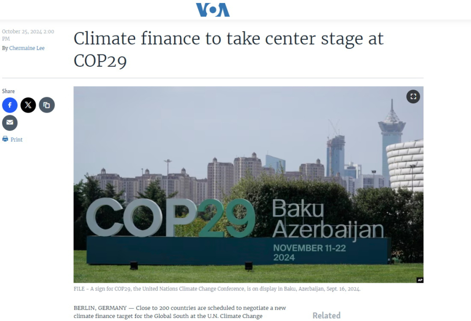 “Amerikanın səsi”: COP29-da iqlim maliyyəsi diqqət mərkəzində olacaq