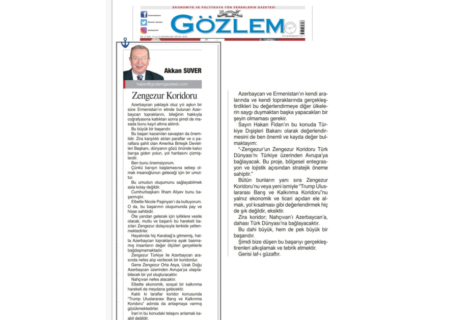 Akkan Suver: Zəngəzur dəhlizi Türkiyə ilə Azərbaycan arasında nəfəs rolunu oynayacaq