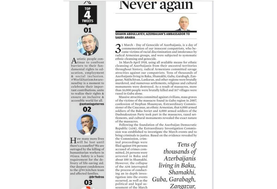 “Arab News” qəzeti azərbaycanlıların soyqırımı barədə məqalə dərc edib