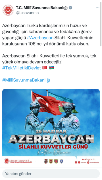 Turkish Ministry of National Defense: We will continue to be one fist and one heart with Armed Forces of Azerbaijan