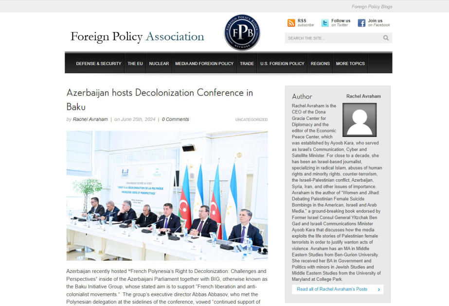 US Foreign Policy Association: Azerbaijan hosts Decolonization Conference in Baku