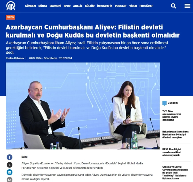 Турецкие СМИ широко осветили выступление Президента Ильхама Алиева на медиафоруме в Шуше